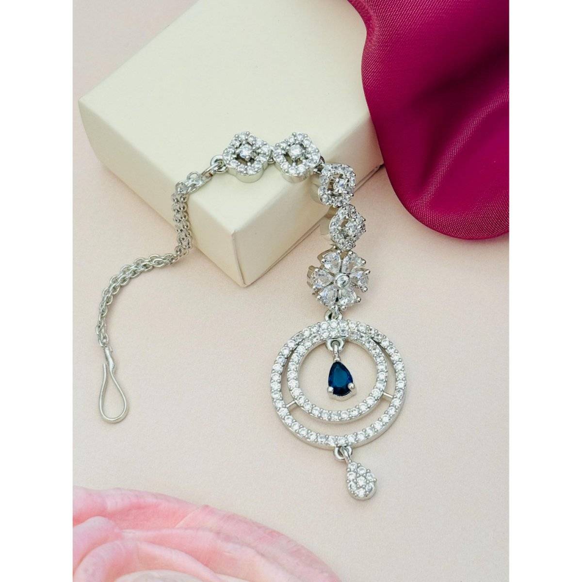Abdesigns Silver-Plated American Diamond Studded Maang Tikka - Blue