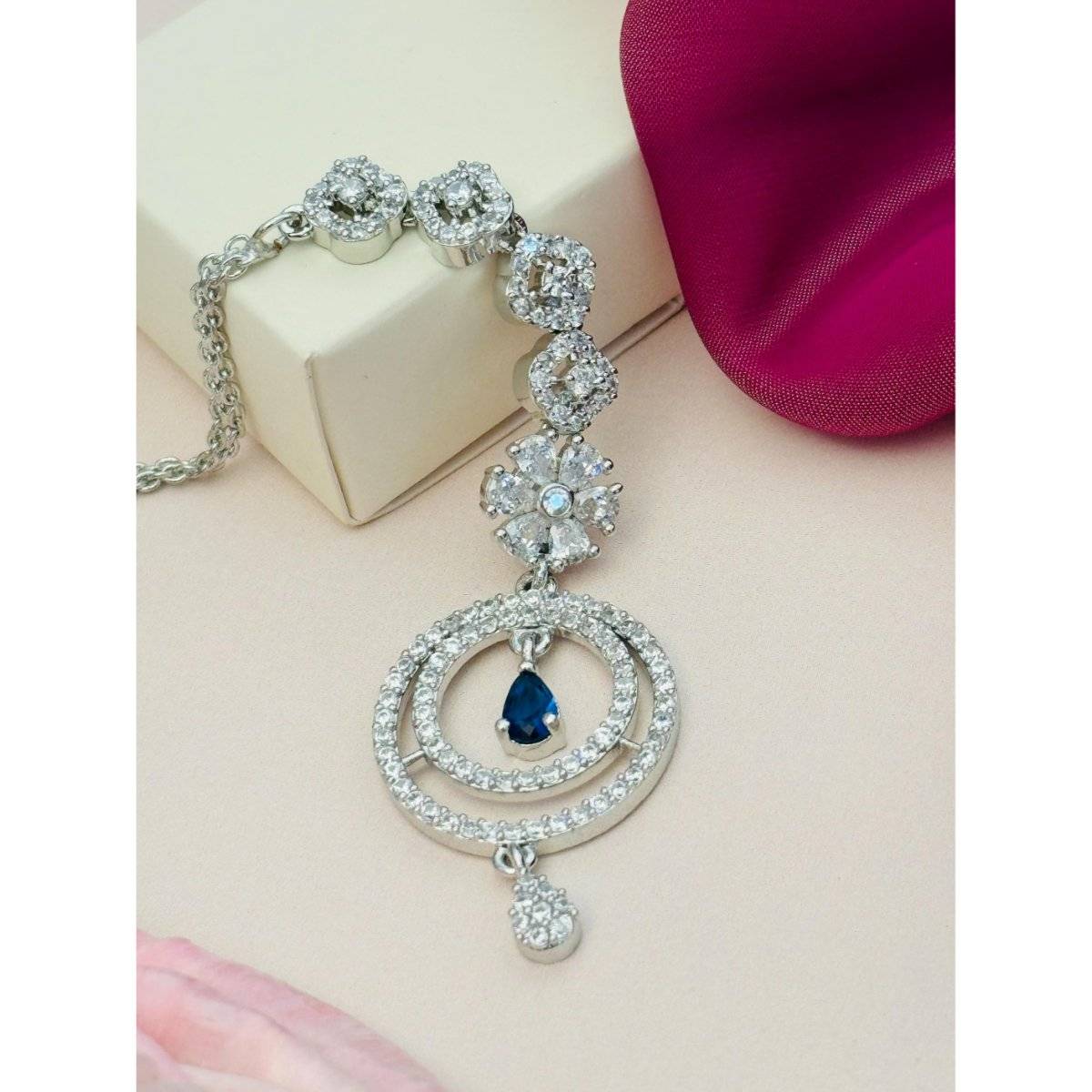 Abdesigns Silver-Plated American Diamond Studded Maang Tikka - Blue
