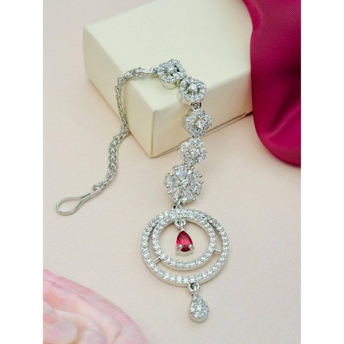 Abdesigns Silver-Plated American Diamond Studded Maang Tikka - Red