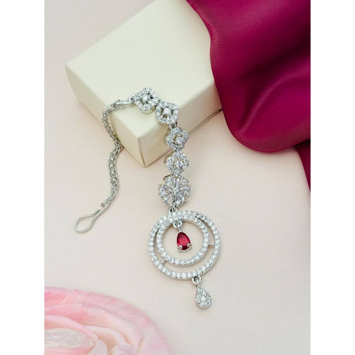 Abdesigns Silver-Plated American Diamond Studded Maang Tikka - Red