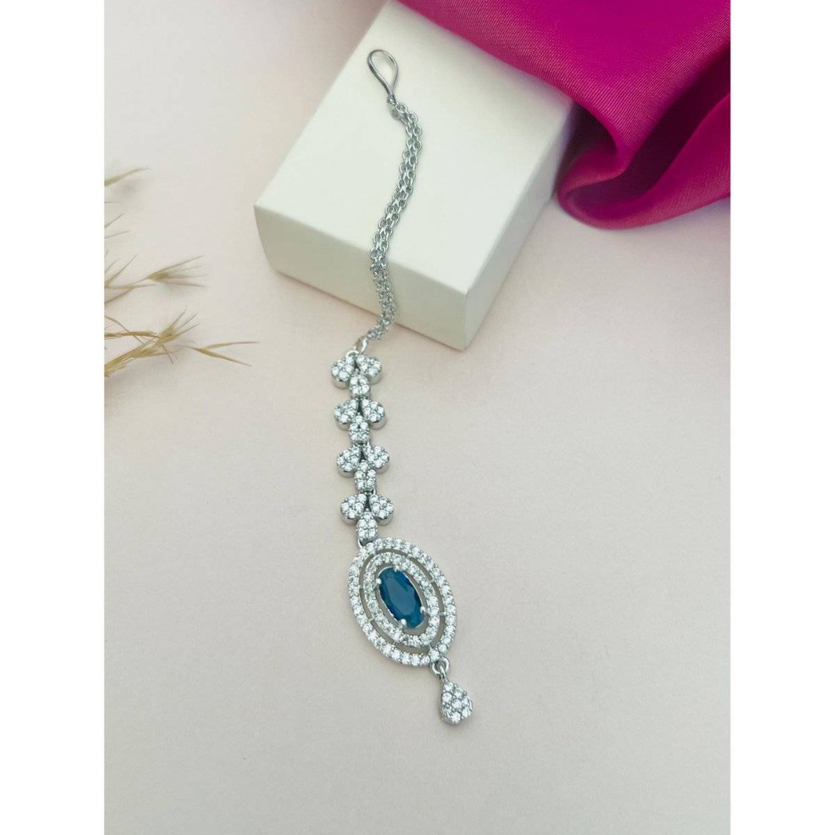 Abdesigns Silver-Plated American Diamond Studded Maang Tikka - Blue