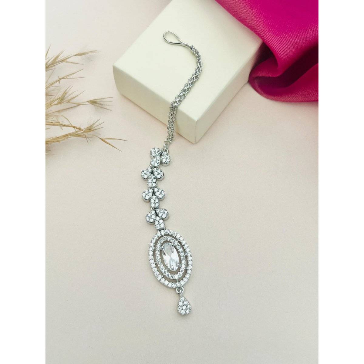Abdesigns Silver-Plated American Diamond Studded Maang Tikka - White