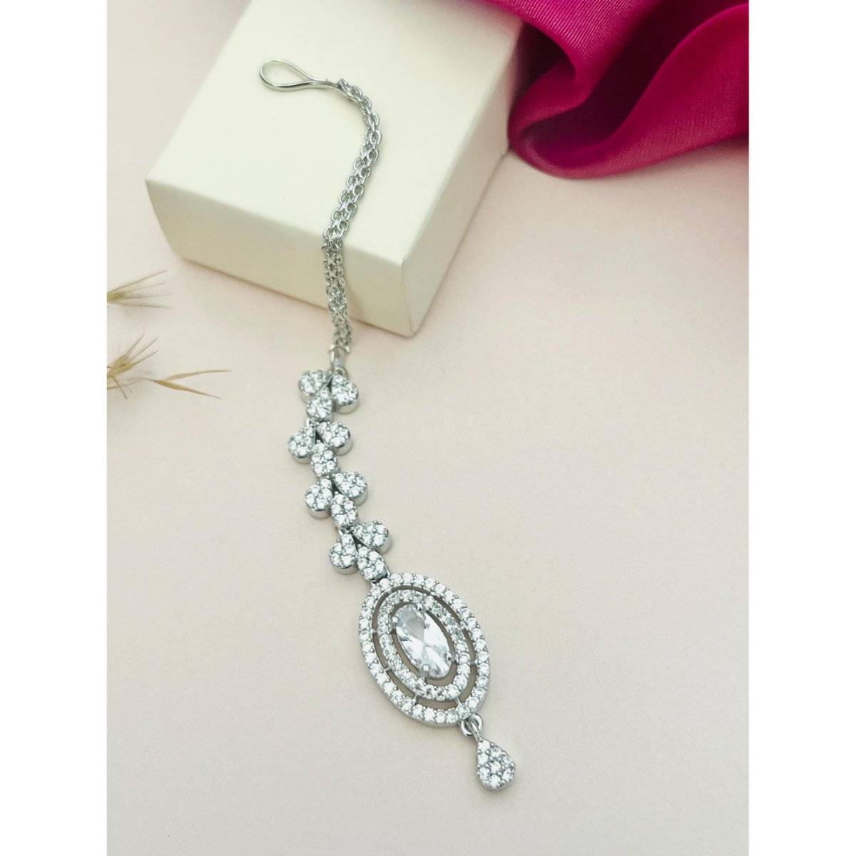 Abdesigns Silver-Plated American Diamond Studded Maang Tikka - White