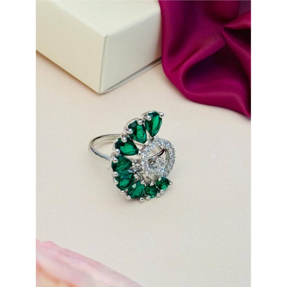 Abdesigns Exquisite Silver Plated American Diamond Ring - Green · One Size