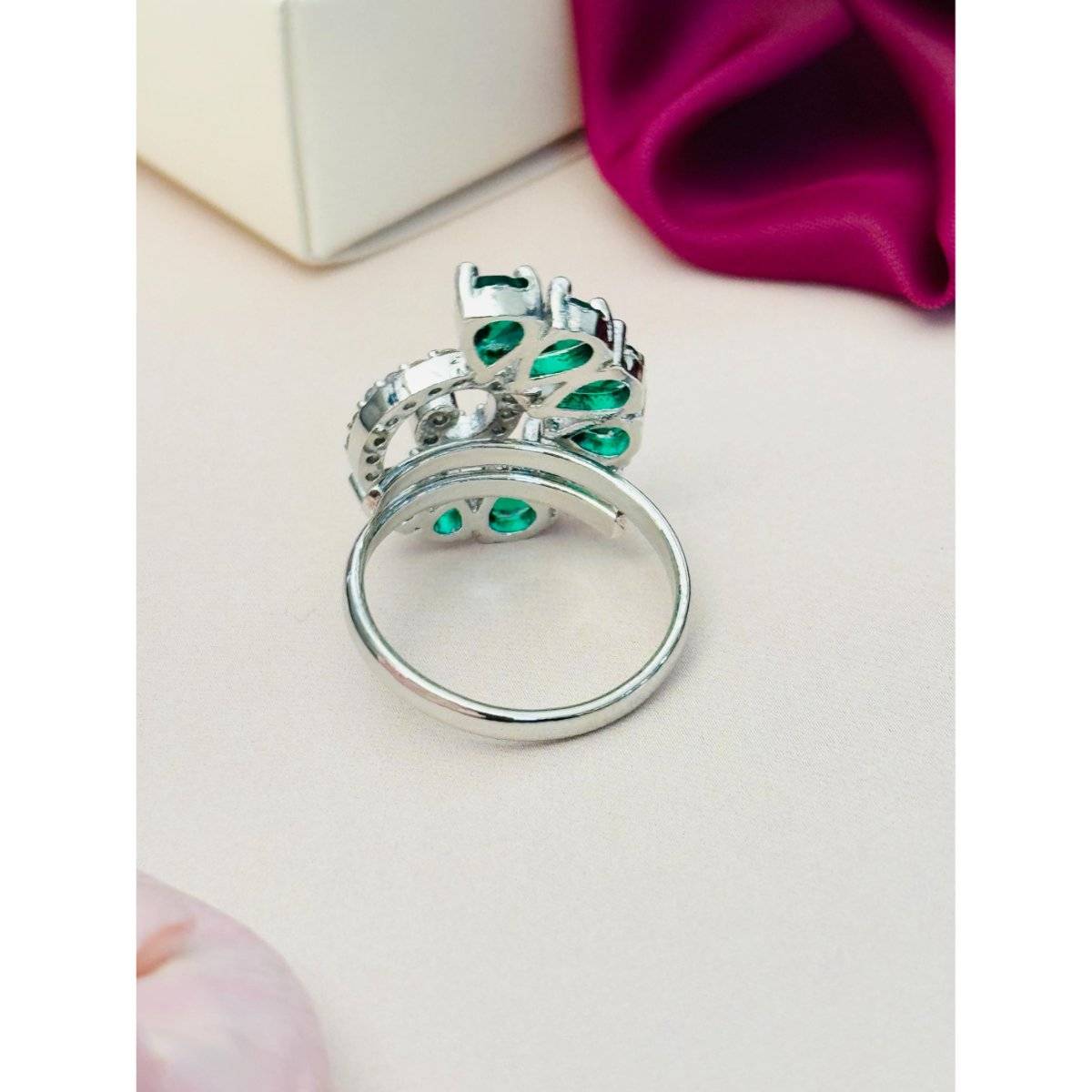 Abdesigns Exquisite Silver Plated American Diamond Ring - Green