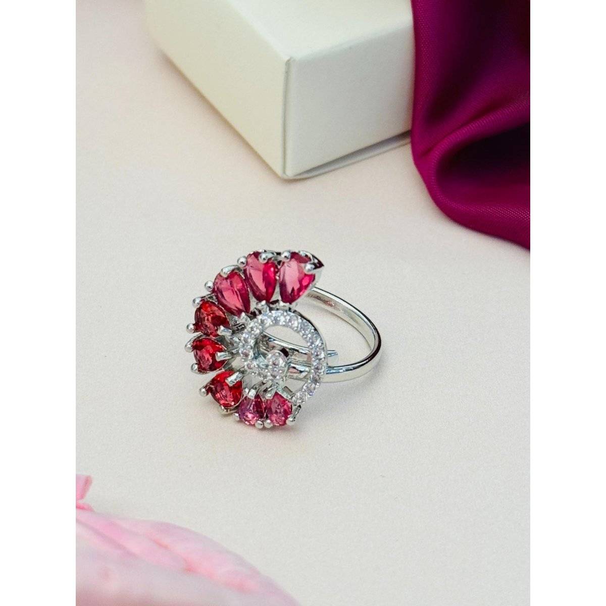 Abdesigns Exquisite Silver Plated American Diamond Ring - Red · One Size