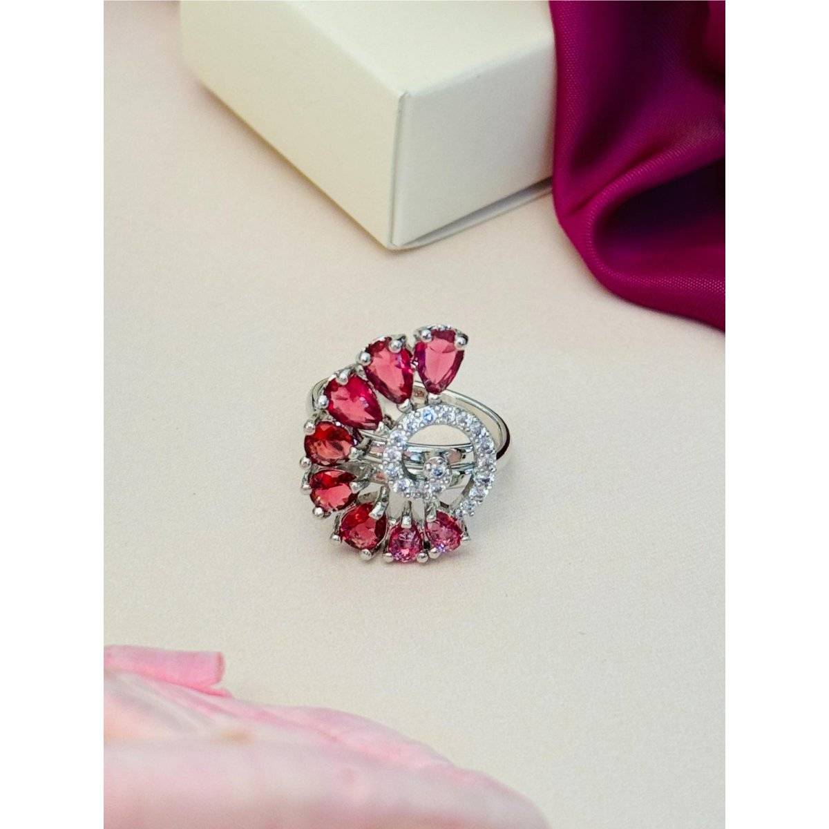 Abdesigns Exquisite Silver Plated American Diamond Ring - Red · One Size