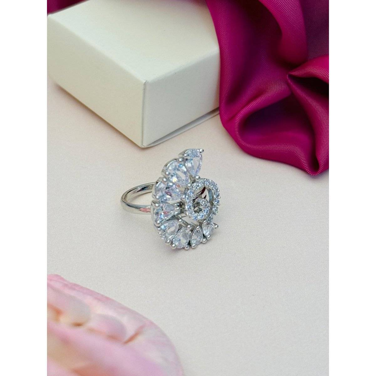 Abdesigns Exquisite Silver Plated American Diamond Ring - White