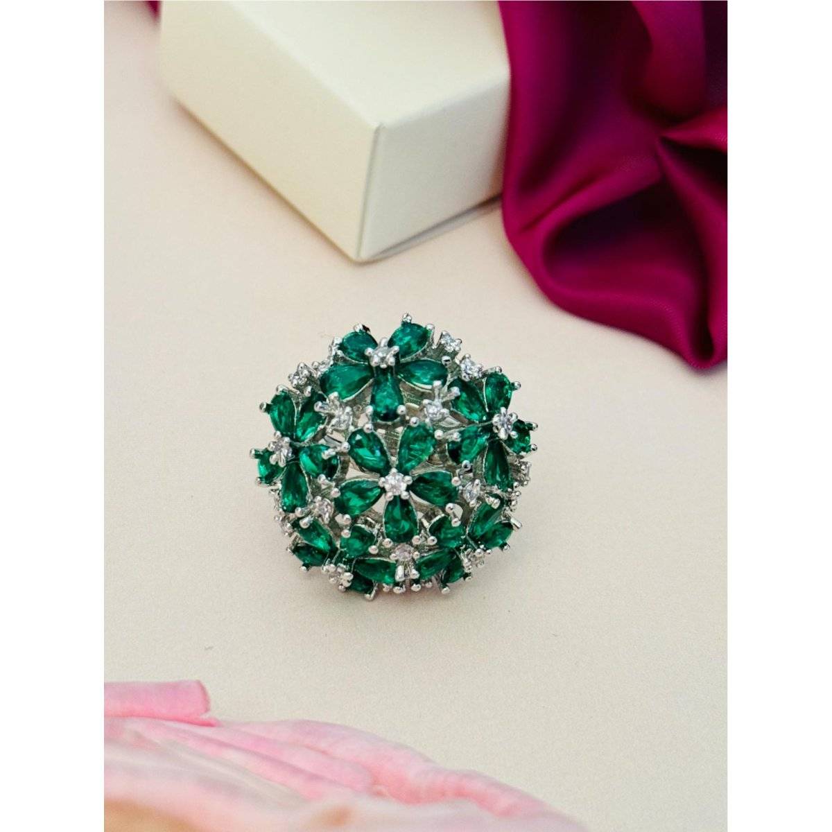Abdesigns Exquisite Silver Plated American Diamond Ring - Green