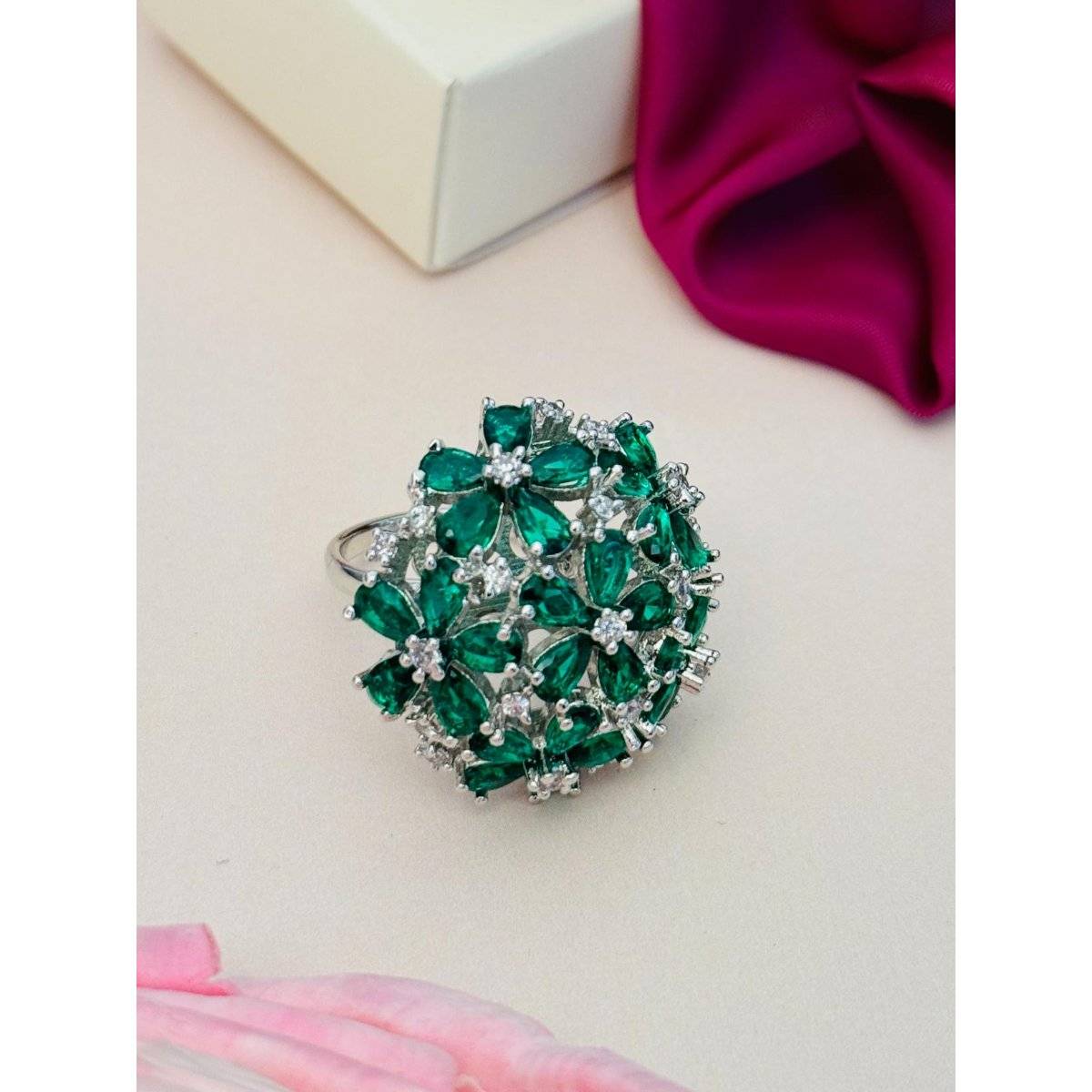 Abdesigns Exquisite Silver Plated American Diamond Ring - Green