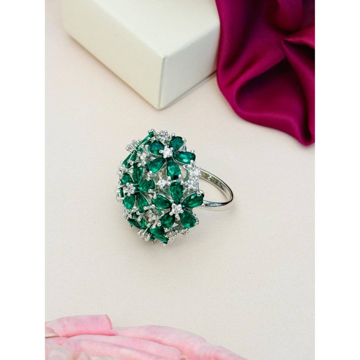 Abdesigns Exquisite Silver Plated American Diamond Ring - Green