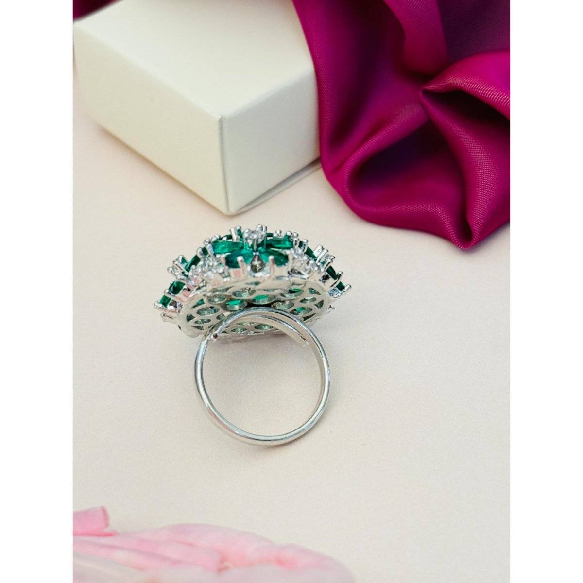 Abdesigns Exquisite Silver Plated American Diamond Ring - Green