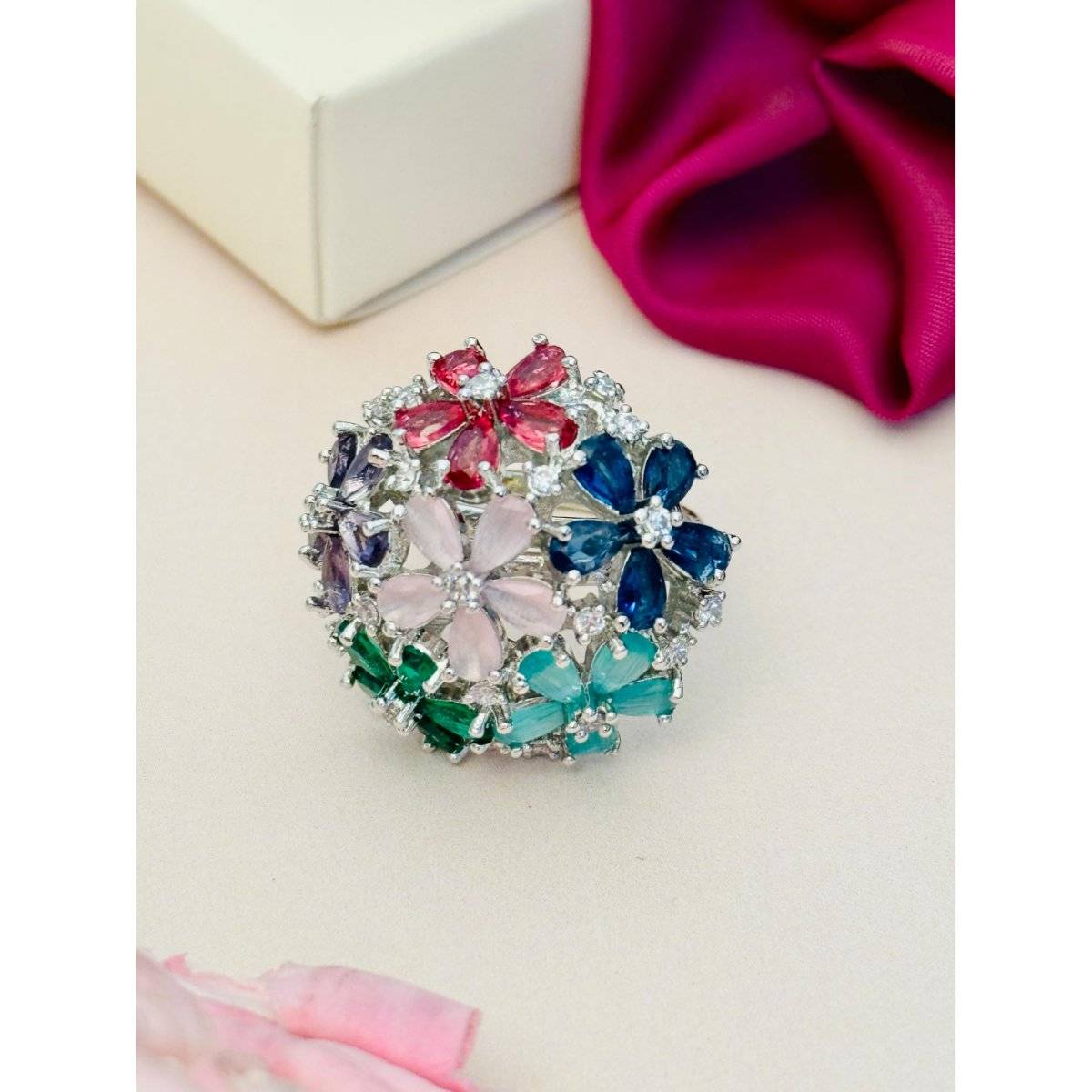 Abdesigns Exquisite Silver Plated American Diamond Ring - Multi-Color · One Size