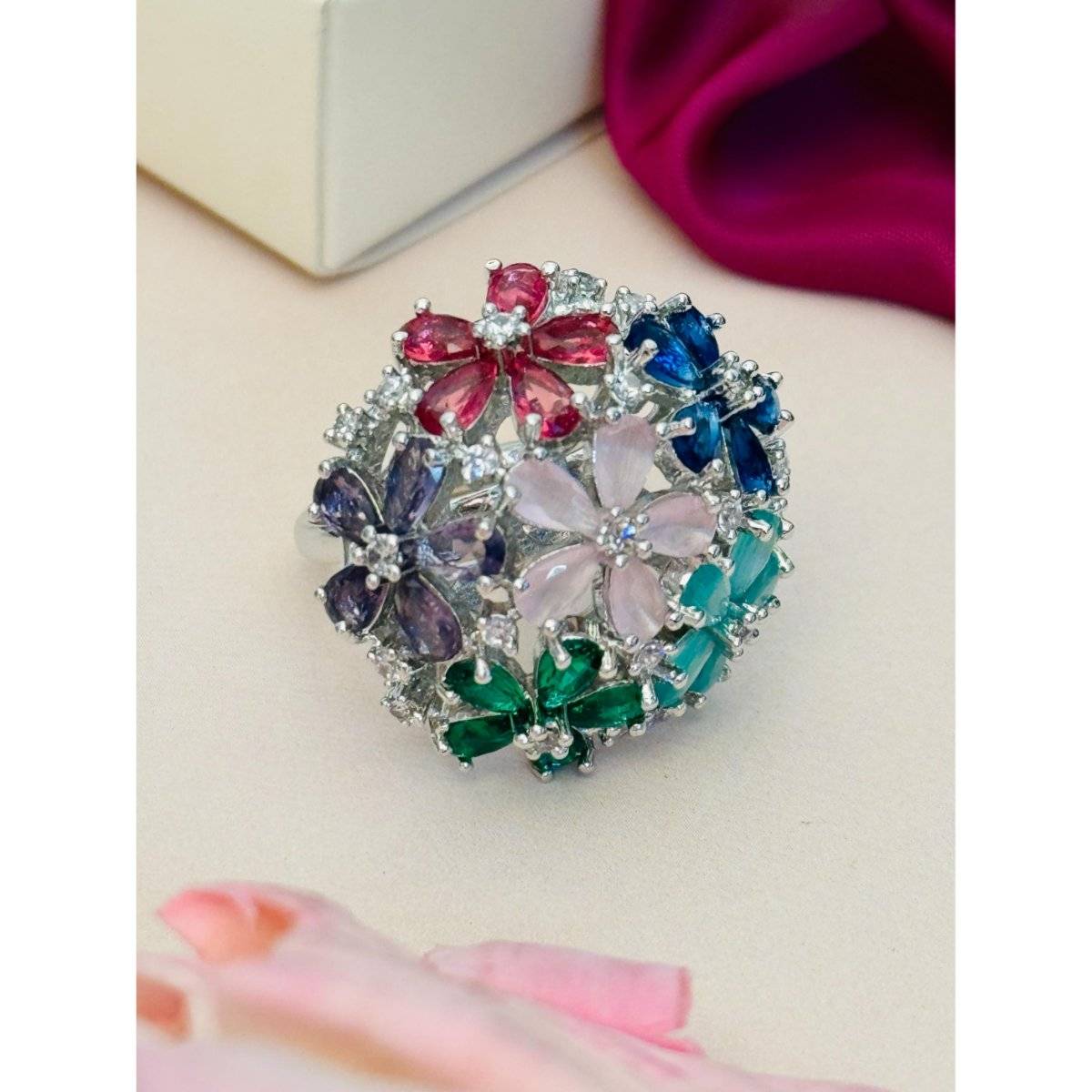 Abdesigns Exquisite Silver Plated American Diamond Ring - Multi-Color · One Size