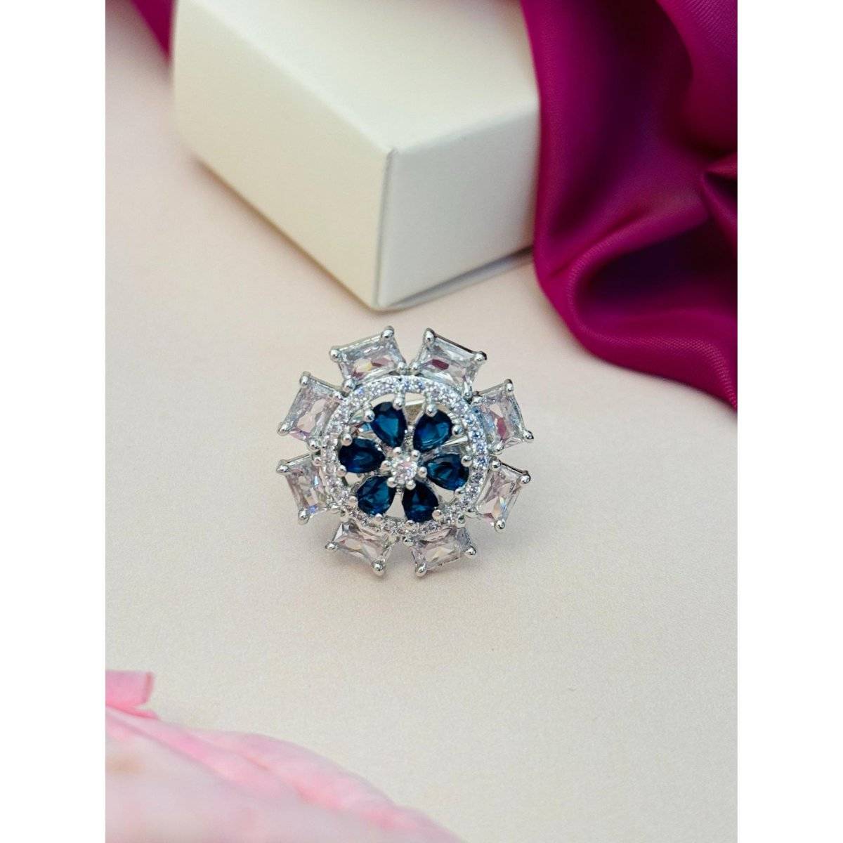 Abdesigns Exquisite Silver Plated American Diamond Ring - Blue