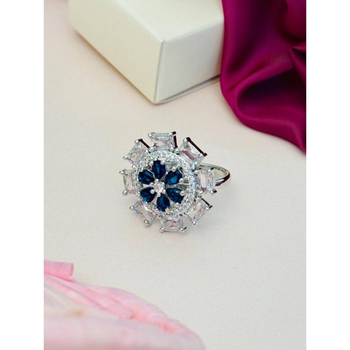 Abdesigns Exquisite Silver Plated American Diamond Ring - Blue