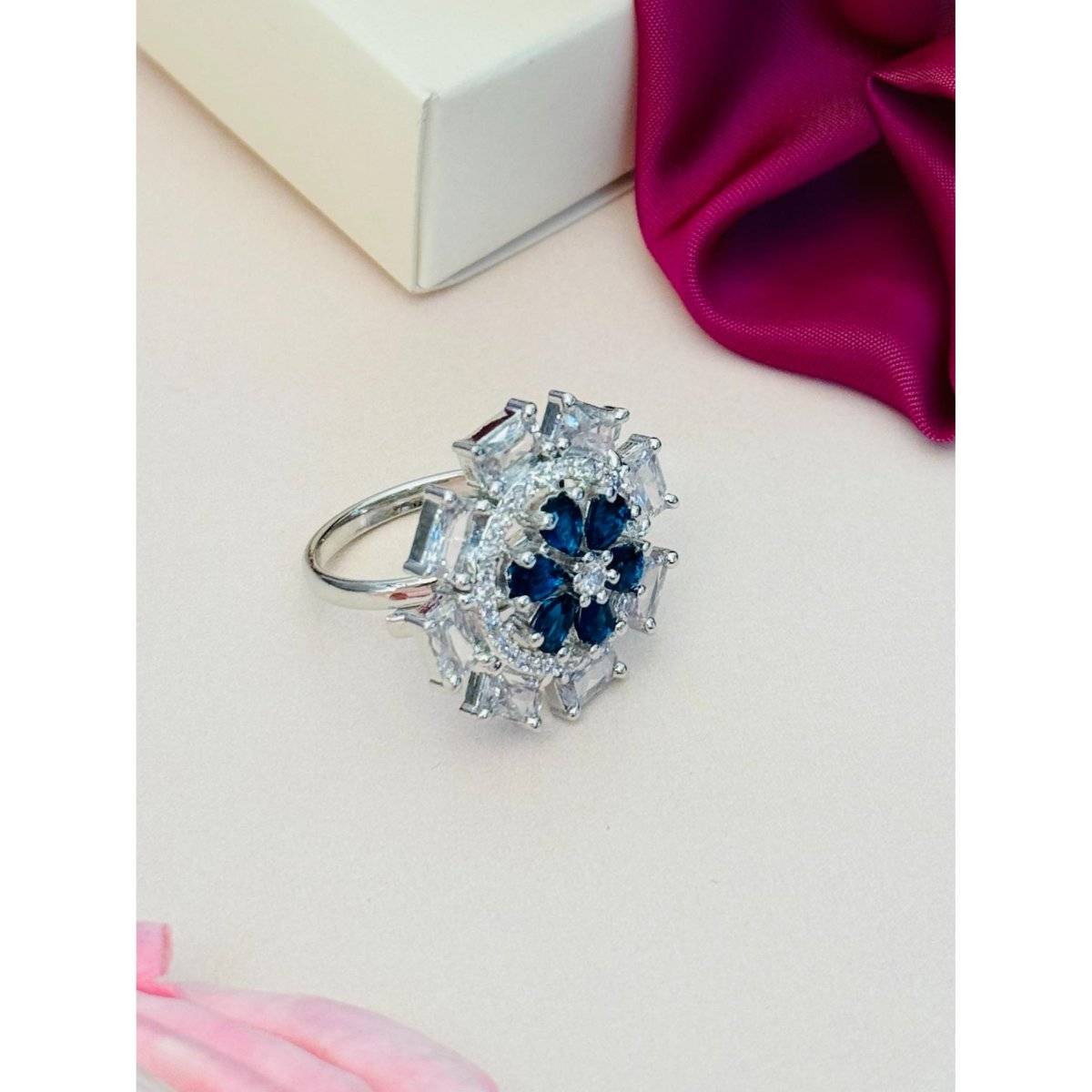 Abdesigns Exquisite Silver Plated American Diamond Ring - Blue