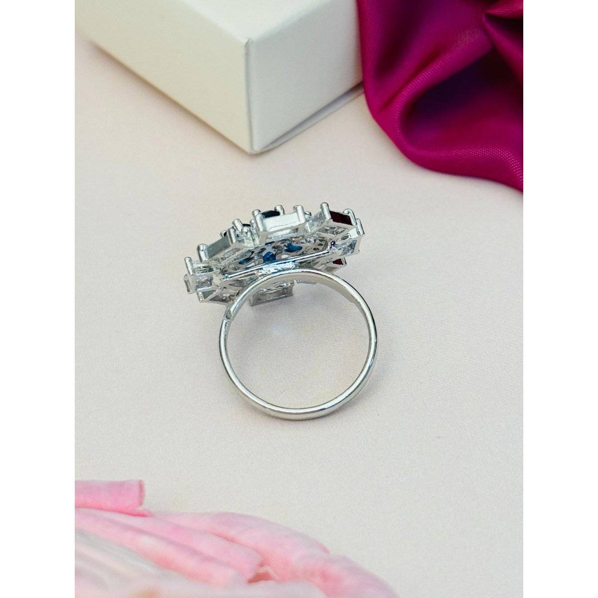 Abdesigns Exquisite Silver Plated American Diamond Ring - Blue