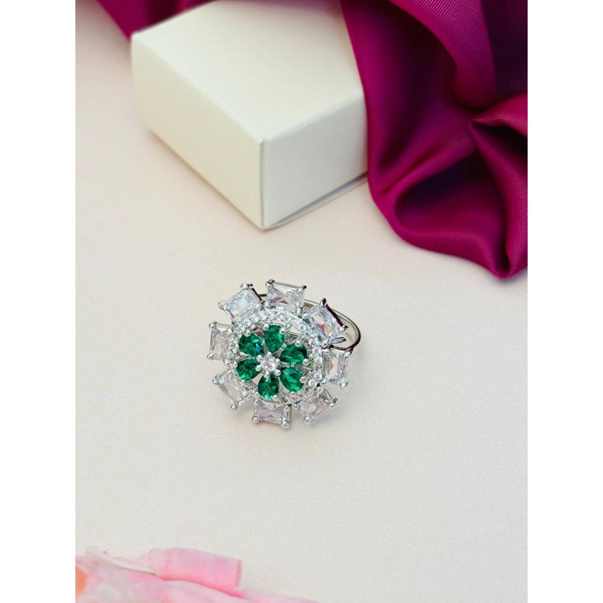 Abdesigns Exquisite Silver Plated American Diamond Ring - Green