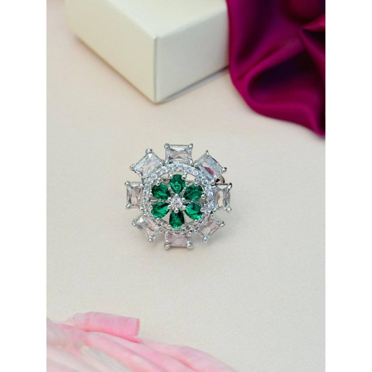 Abdesigns Exquisite Silver Plated American Diamond Ring - Green