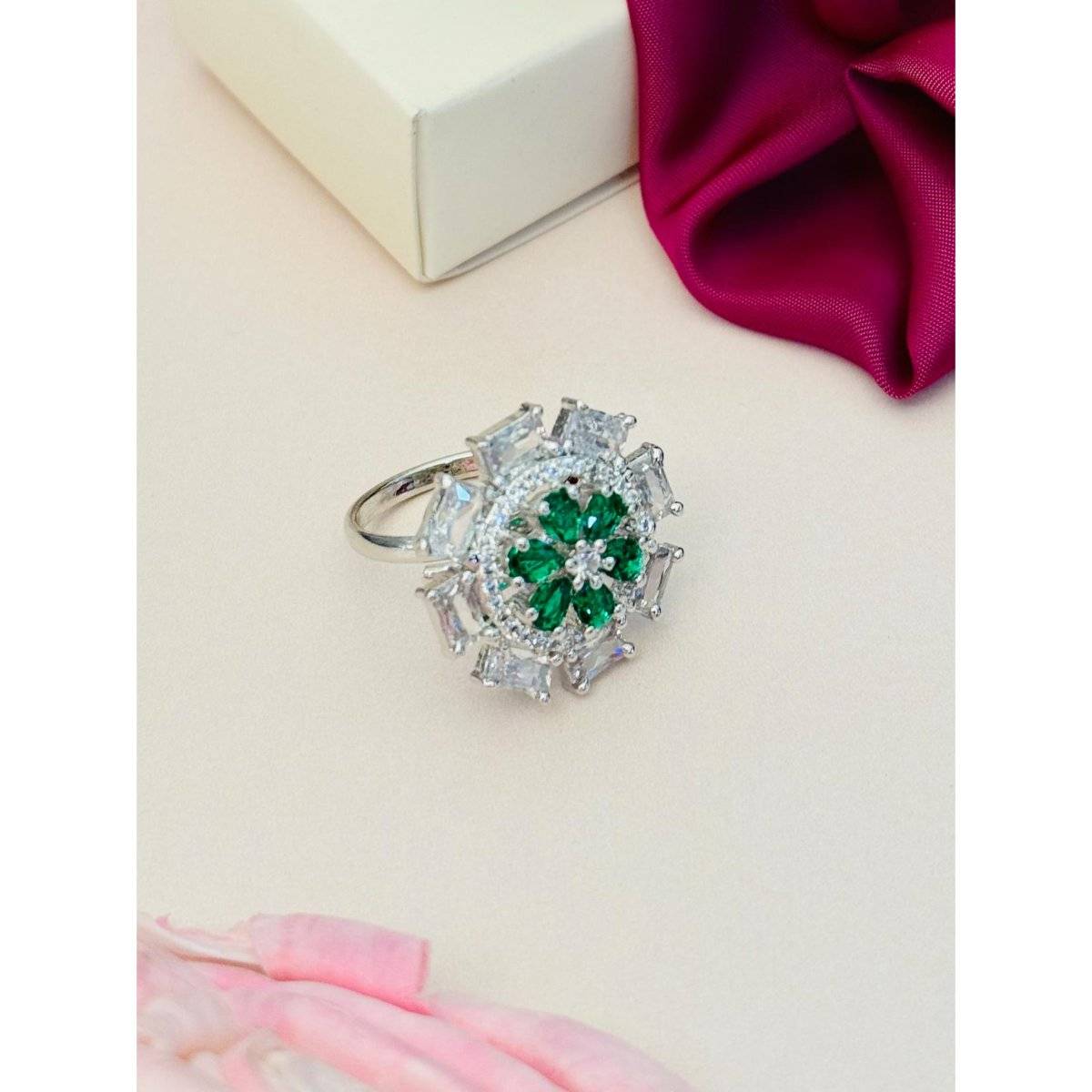 Abdesigns Exquisite Silver Plated American Diamond Ring - Green