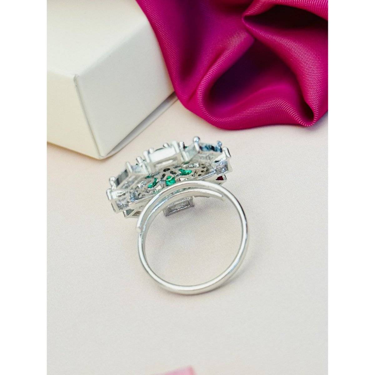 Abdesigns Exquisite Silver Plated American Diamond Ring - Green