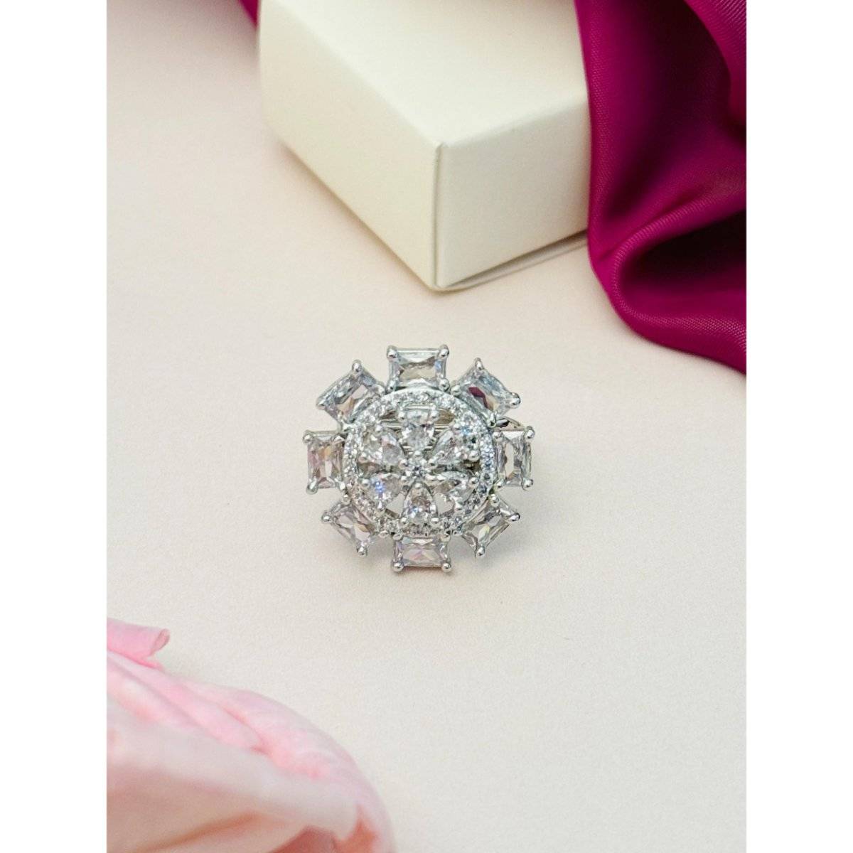 Abdesigns Exquisite Silver Plated American Diamond Ring - White