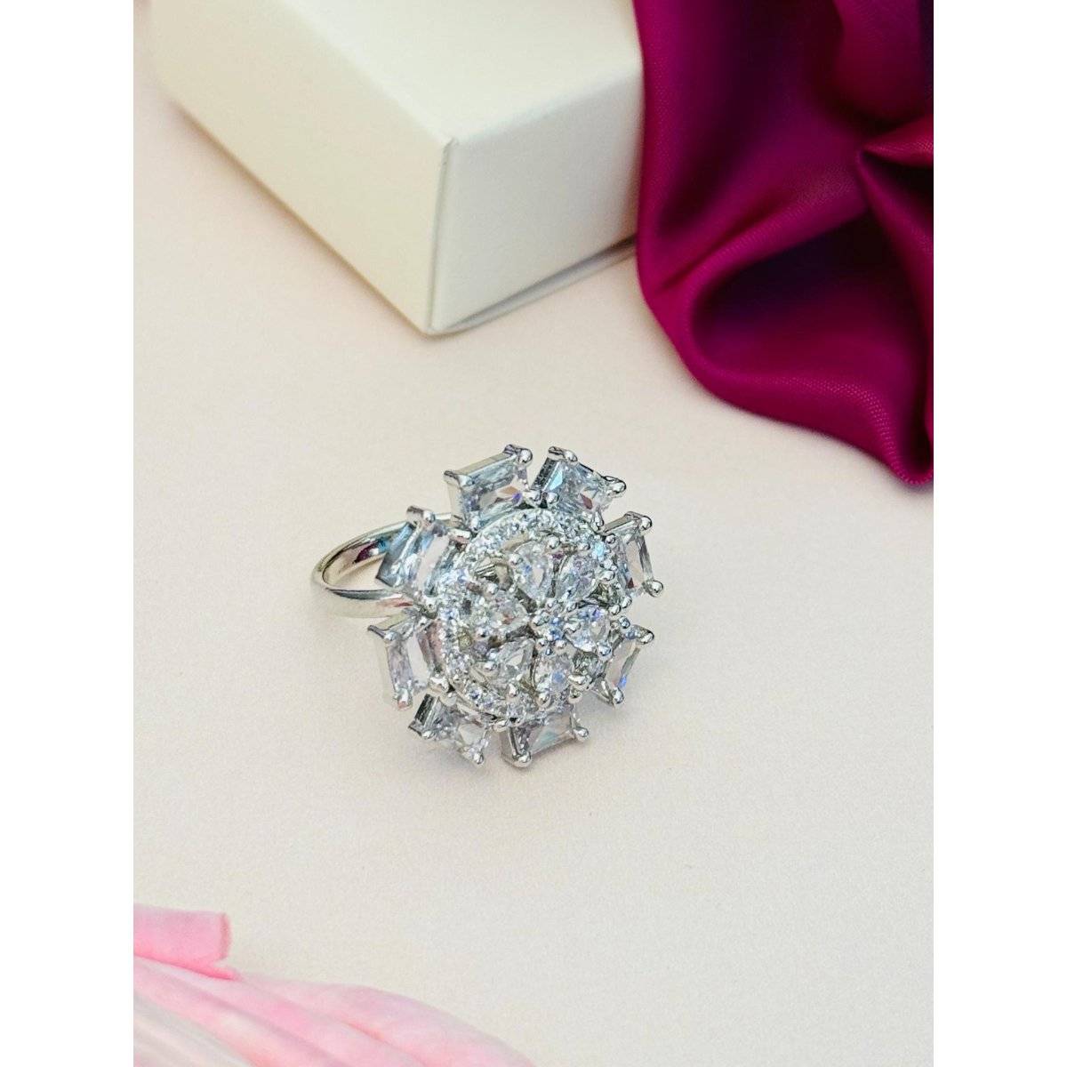 Abdesigns Exquisite Silver Plated American Diamond Ring - White