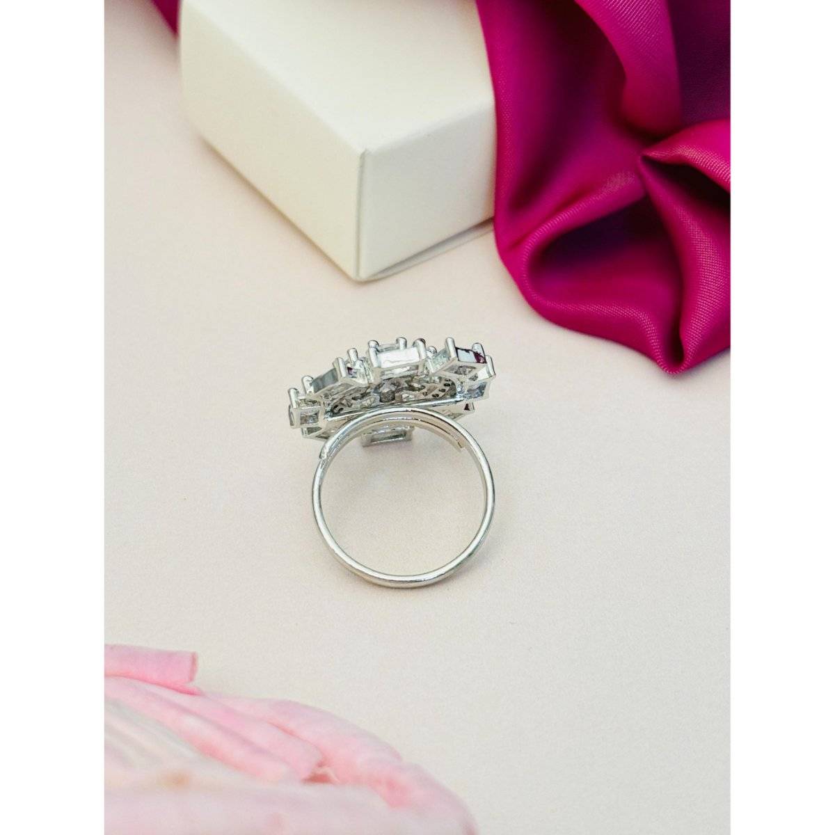 Abdesigns Exquisite Silver Plated American Diamond Ring - White