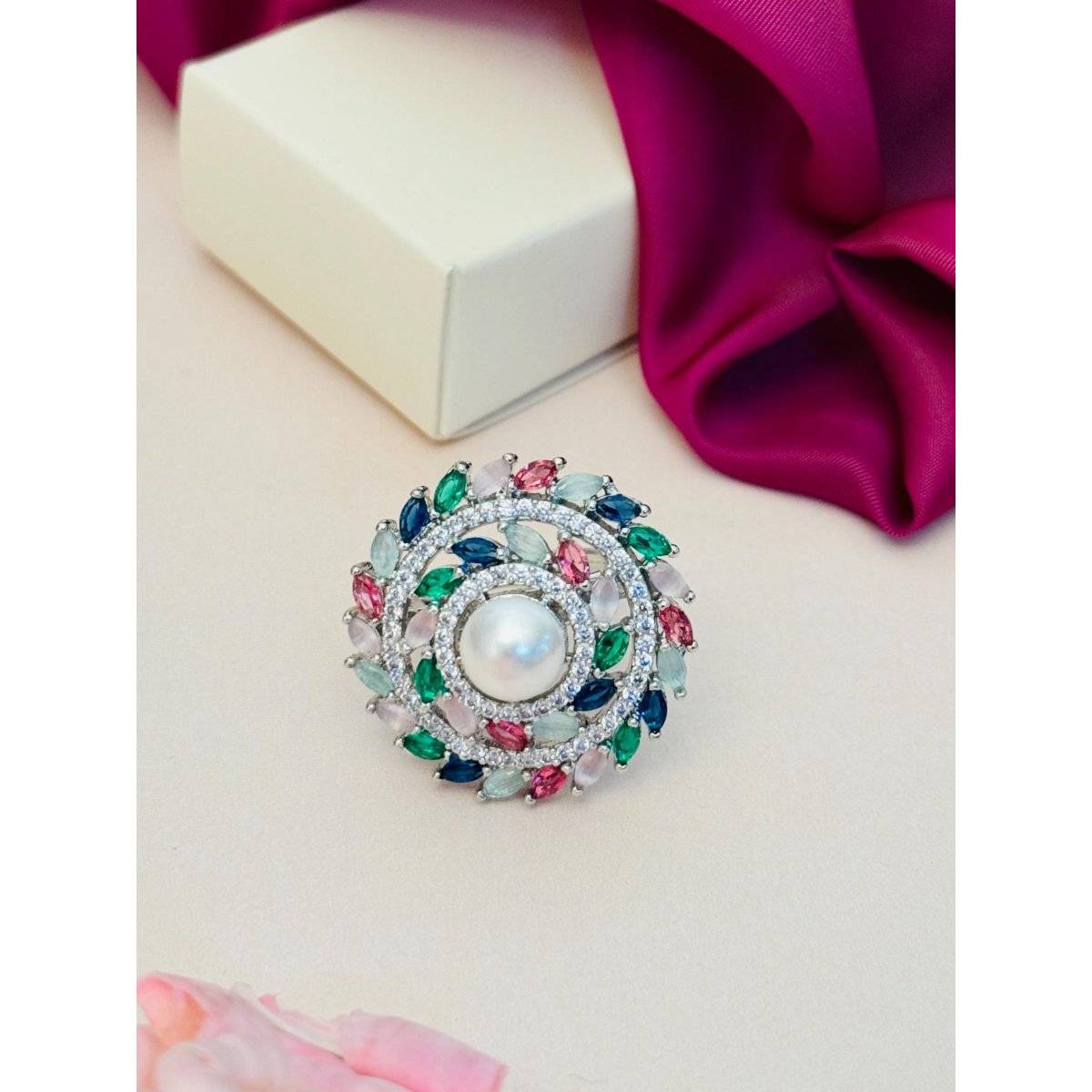 Abdesigns Exquisite Silver Plated American Diamond Ring - Multi-Color
