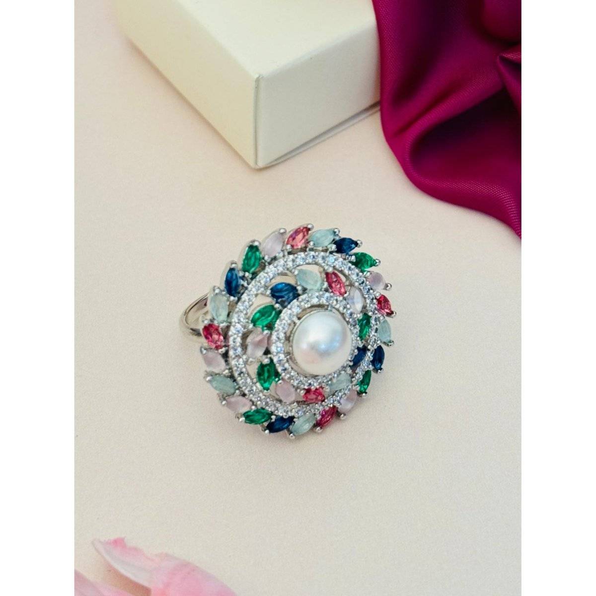 Abdesigns Exquisite Silver Plated American Diamond Ring - Multi-Color