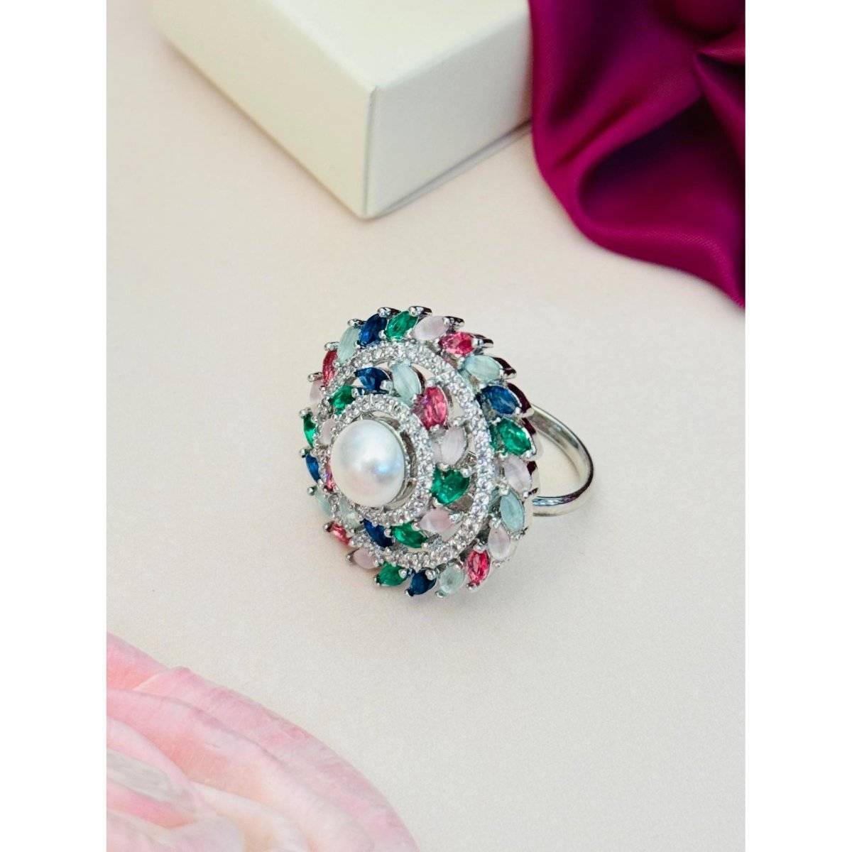 Abdesigns Exquisite Silver Plated American Diamond Ring - Multi-Color
