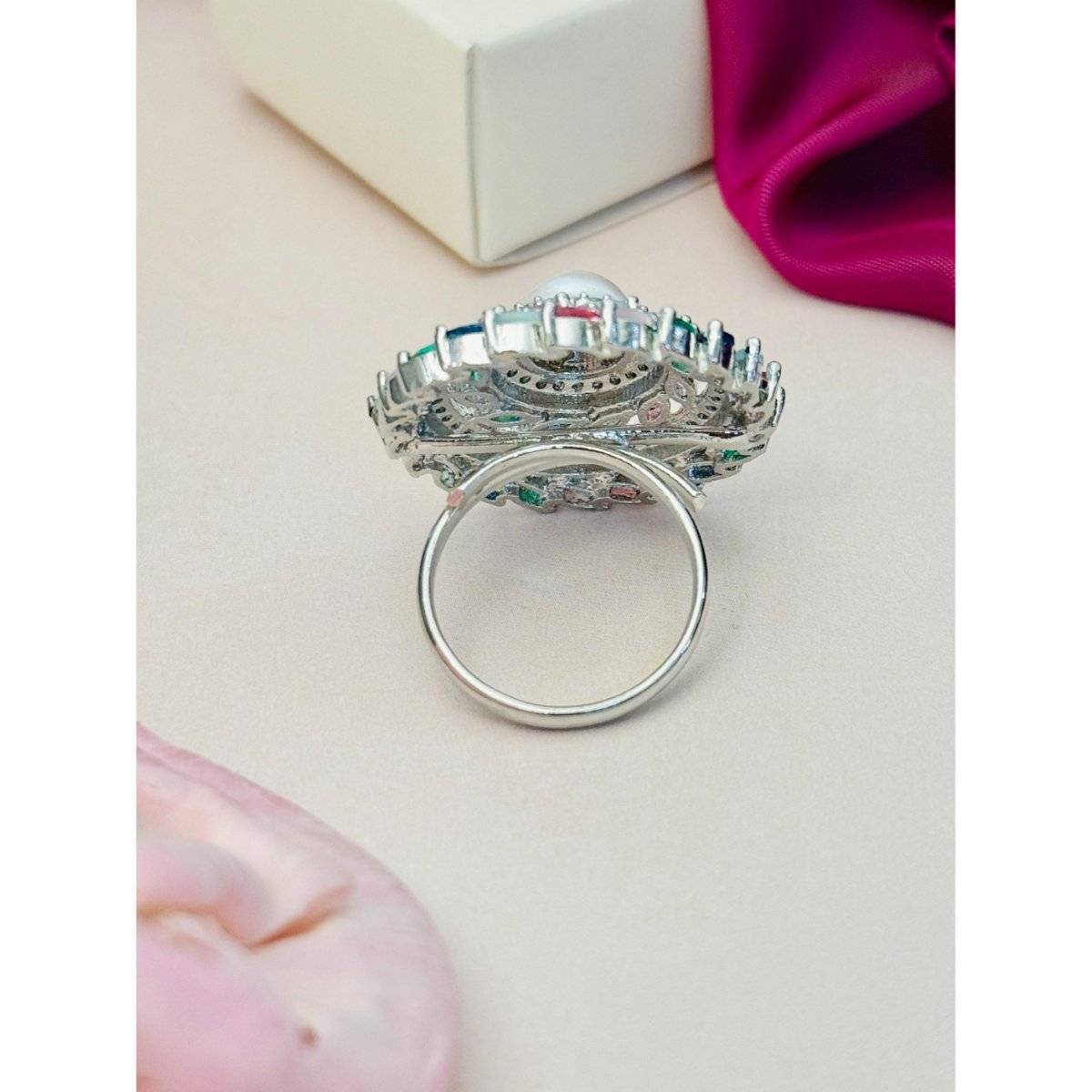 Abdesigns Exquisite Silver Plated American Diamond Ring - Multi-Color