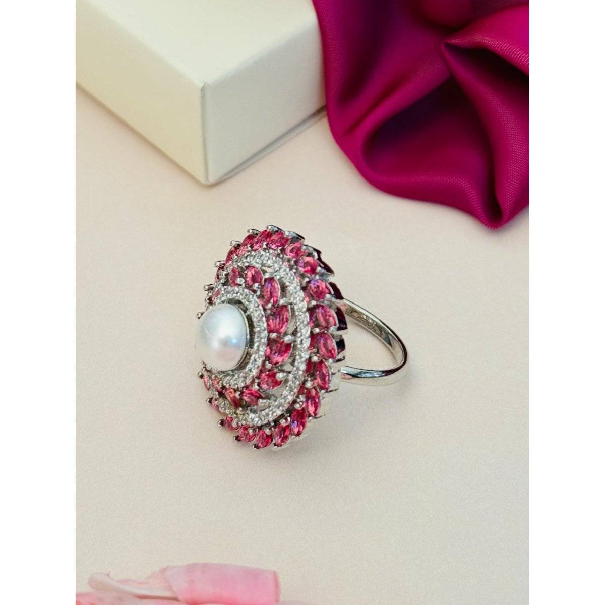 Abdesigns Exquisite Silver Plated American Diamond Ring - Red