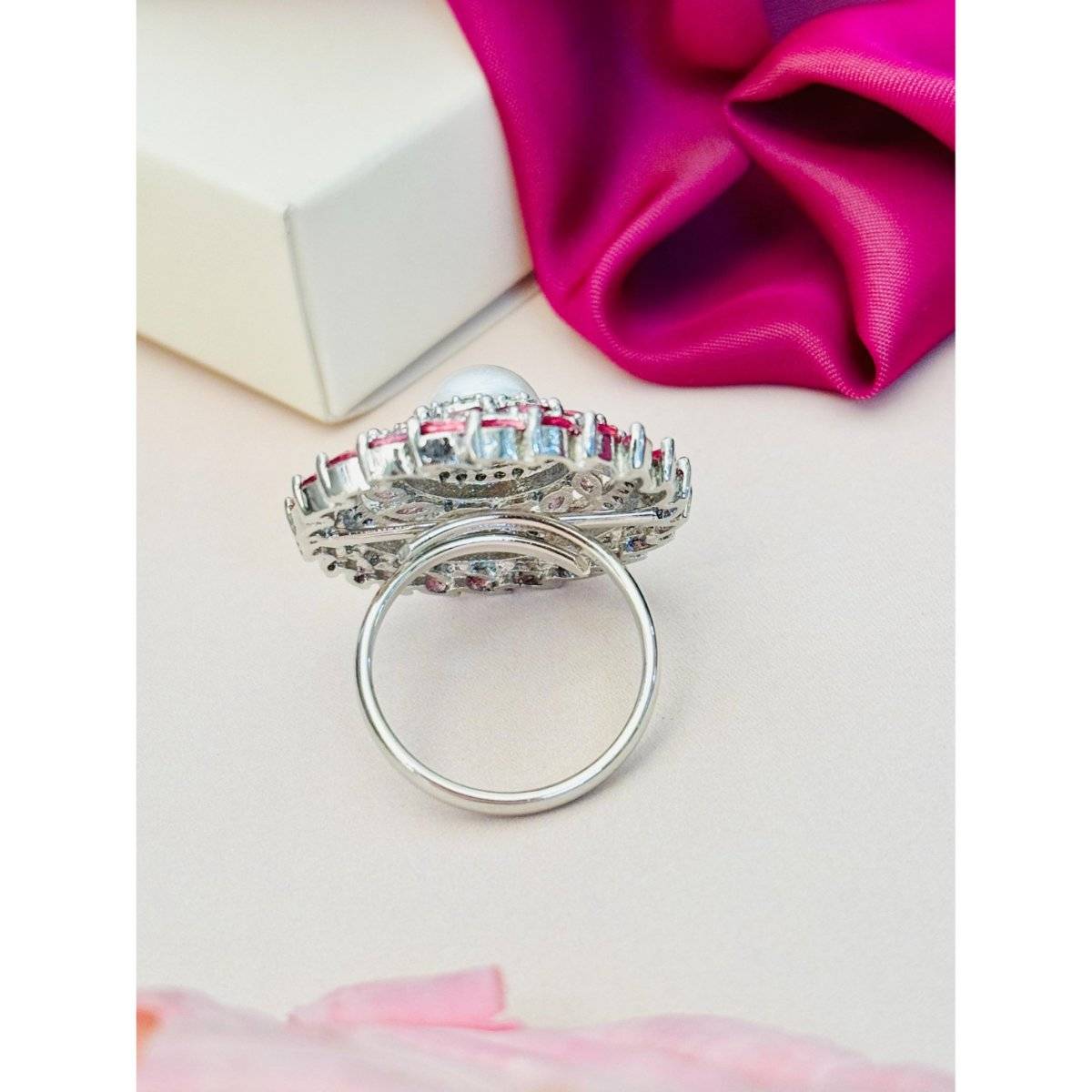 Abdesigns Exquisite Silver Plated American Diamond Ring - Red