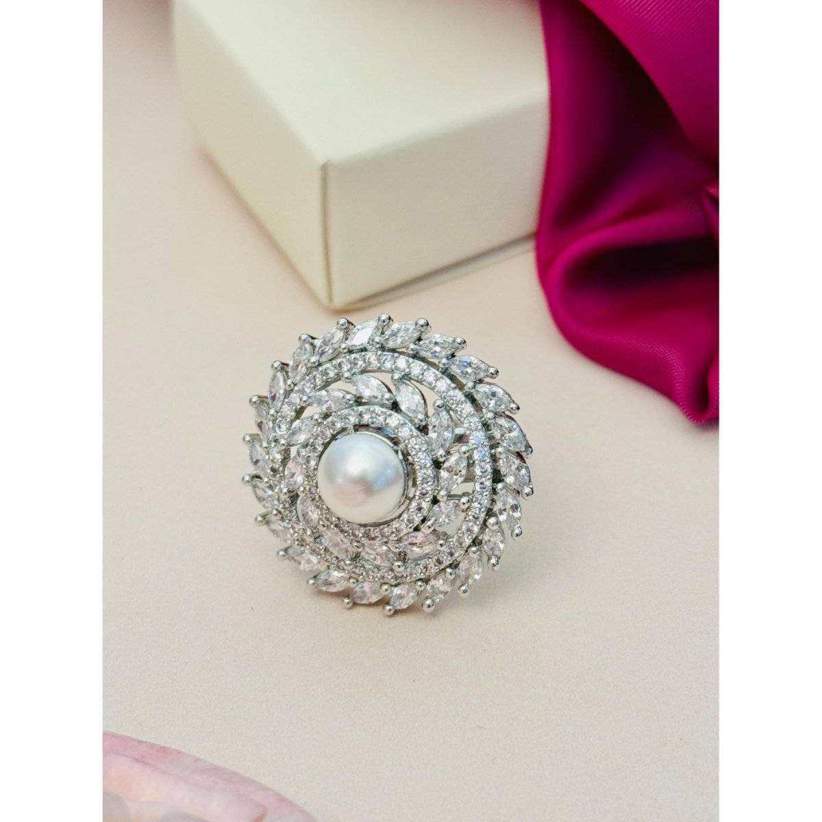 Abdesigns Exquisite Silver Plated American Diamond Ring - White