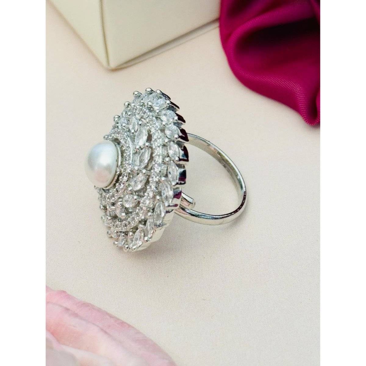 Abdesigns Exquisite Silver Plated American Diamond Ring - White