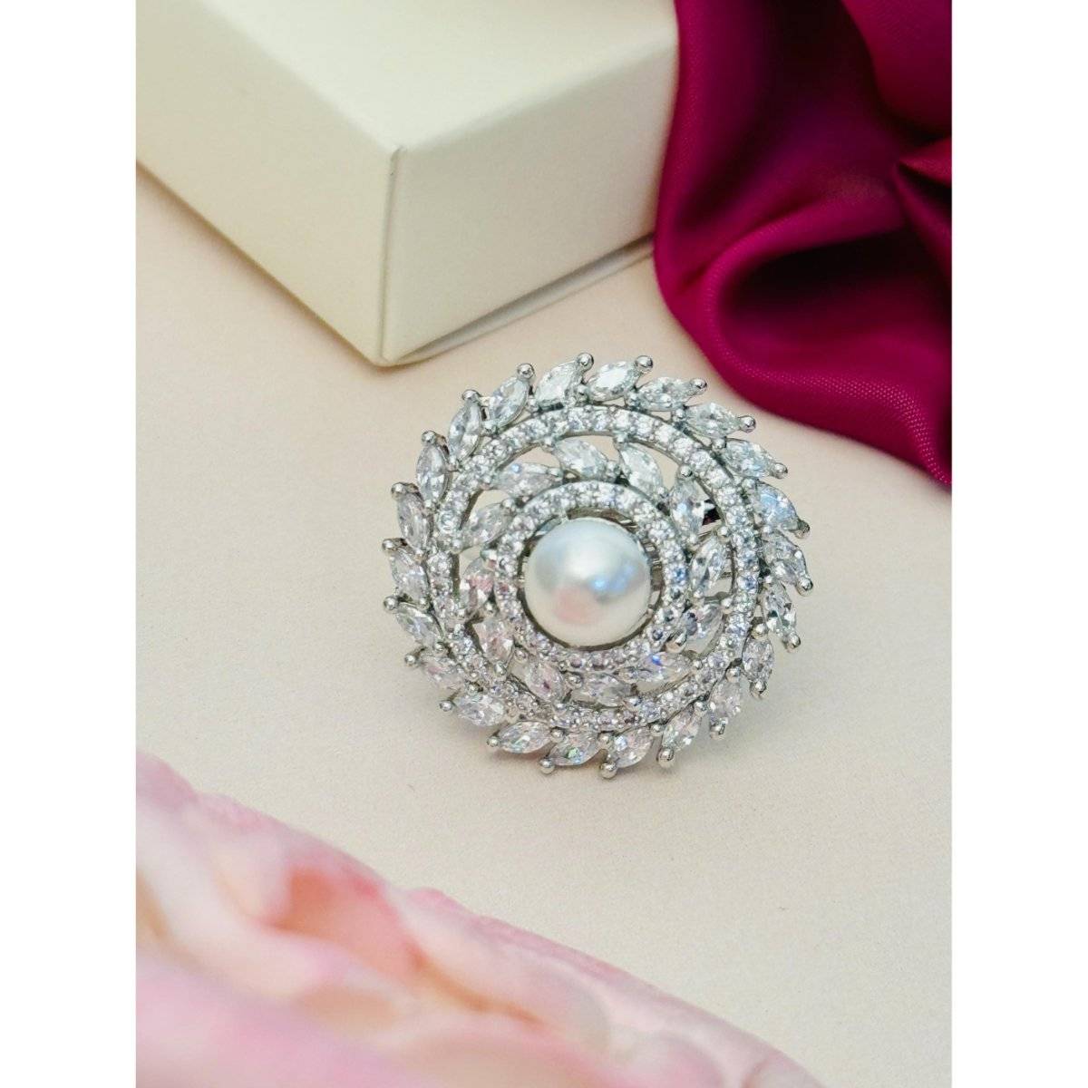 Abdesigns Exquisite Silver Plated American Diamond Ring - White