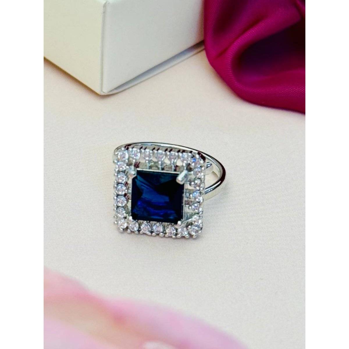 Abdesigns Exquisite Silver Plated American Diamond Ring - Blue