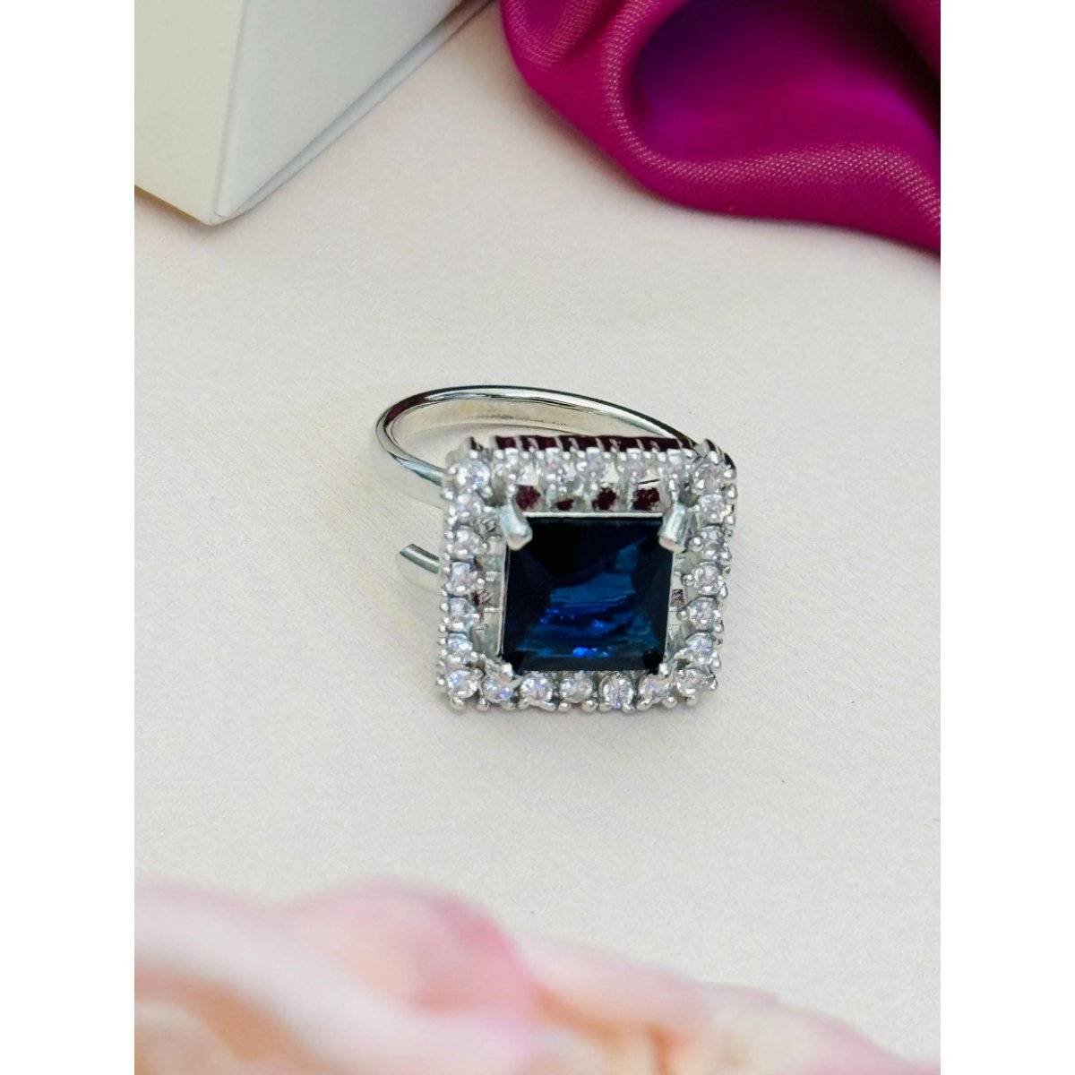Abdesigns Exquisite Silver Plated American Diamond Ring - Blue