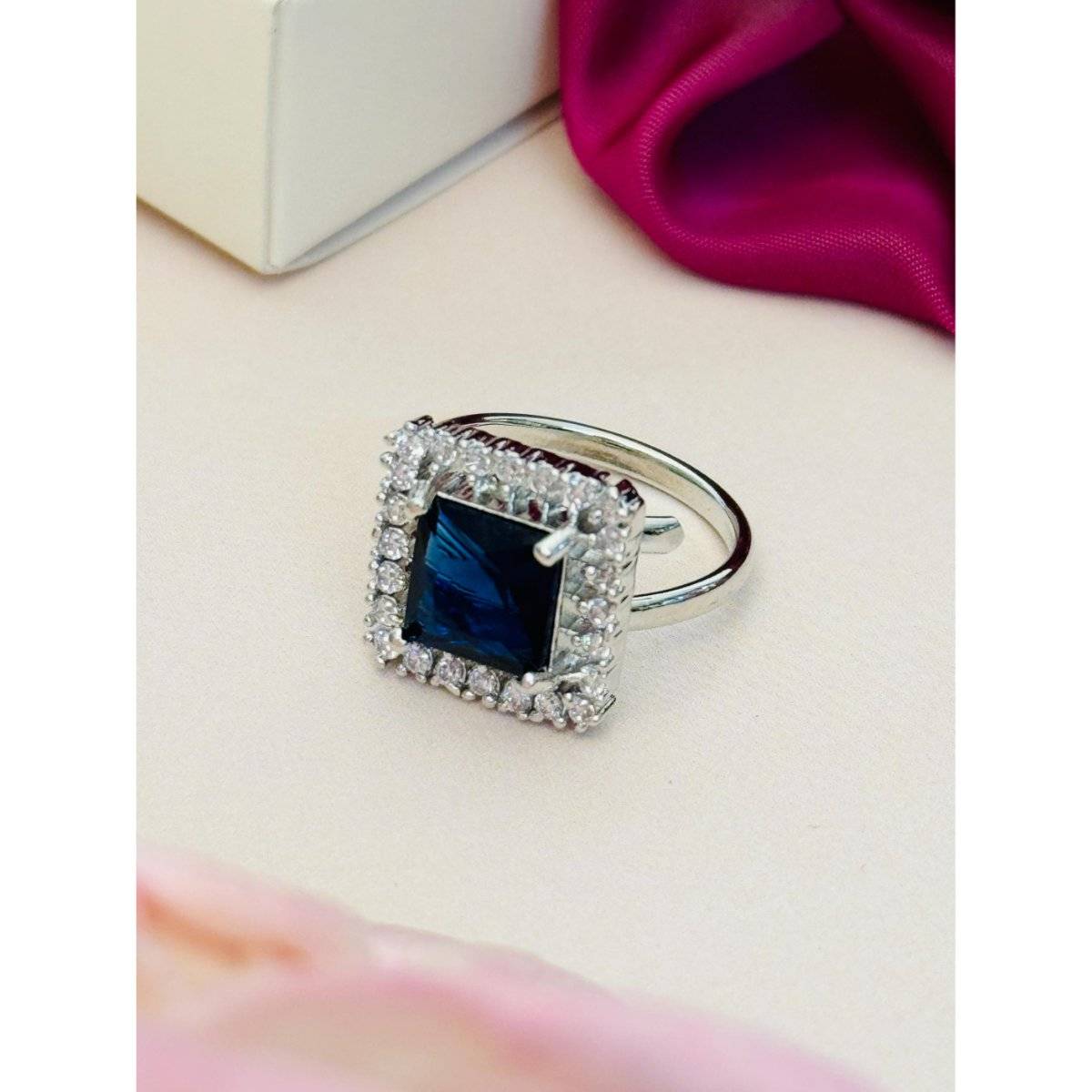 Abdesigns Exquisite Silver Plated American Diamond Ring - Blue