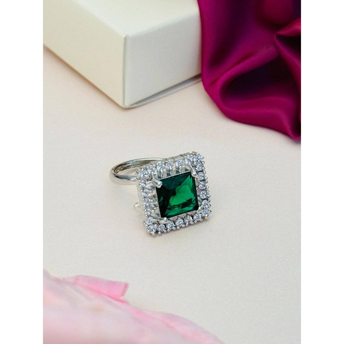Abdesigns Exquisite Silver Plated American Diamond Ring - Green