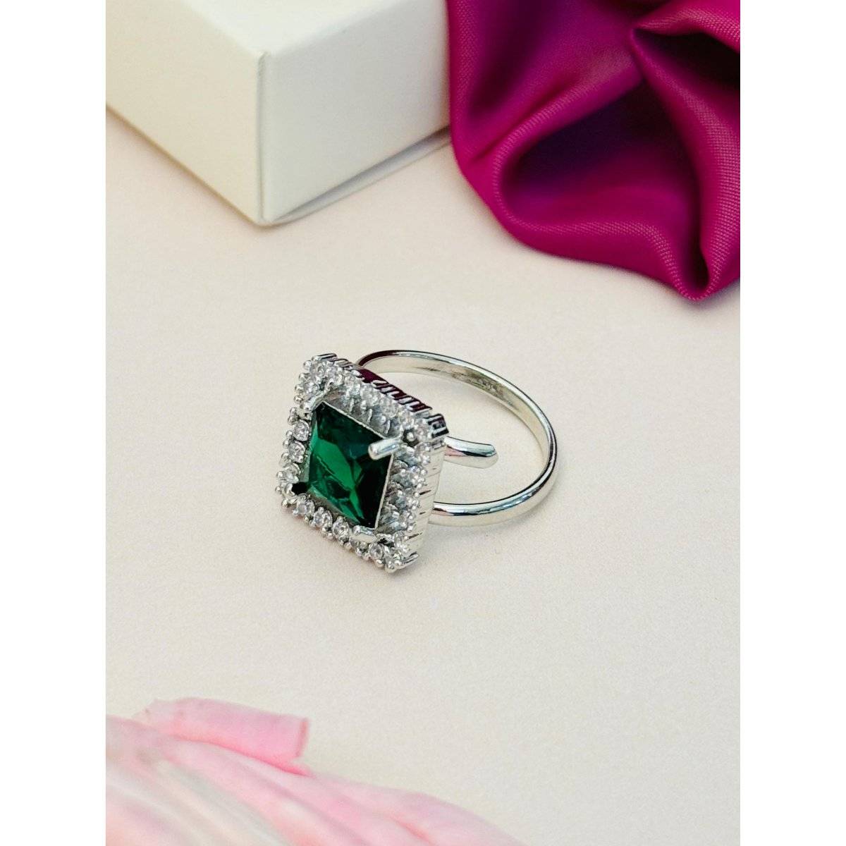 Abdesigns Exquisite Silver Plated American Diamond Ring - Green