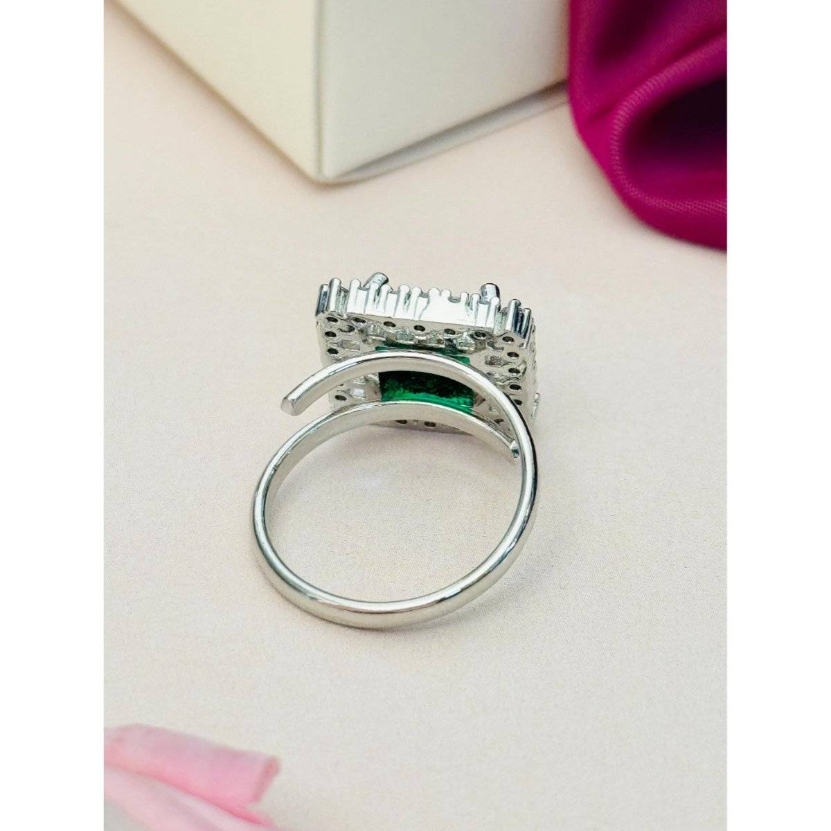 Abdesigns Exquisite Silver Plated American Diamond Ring - Green