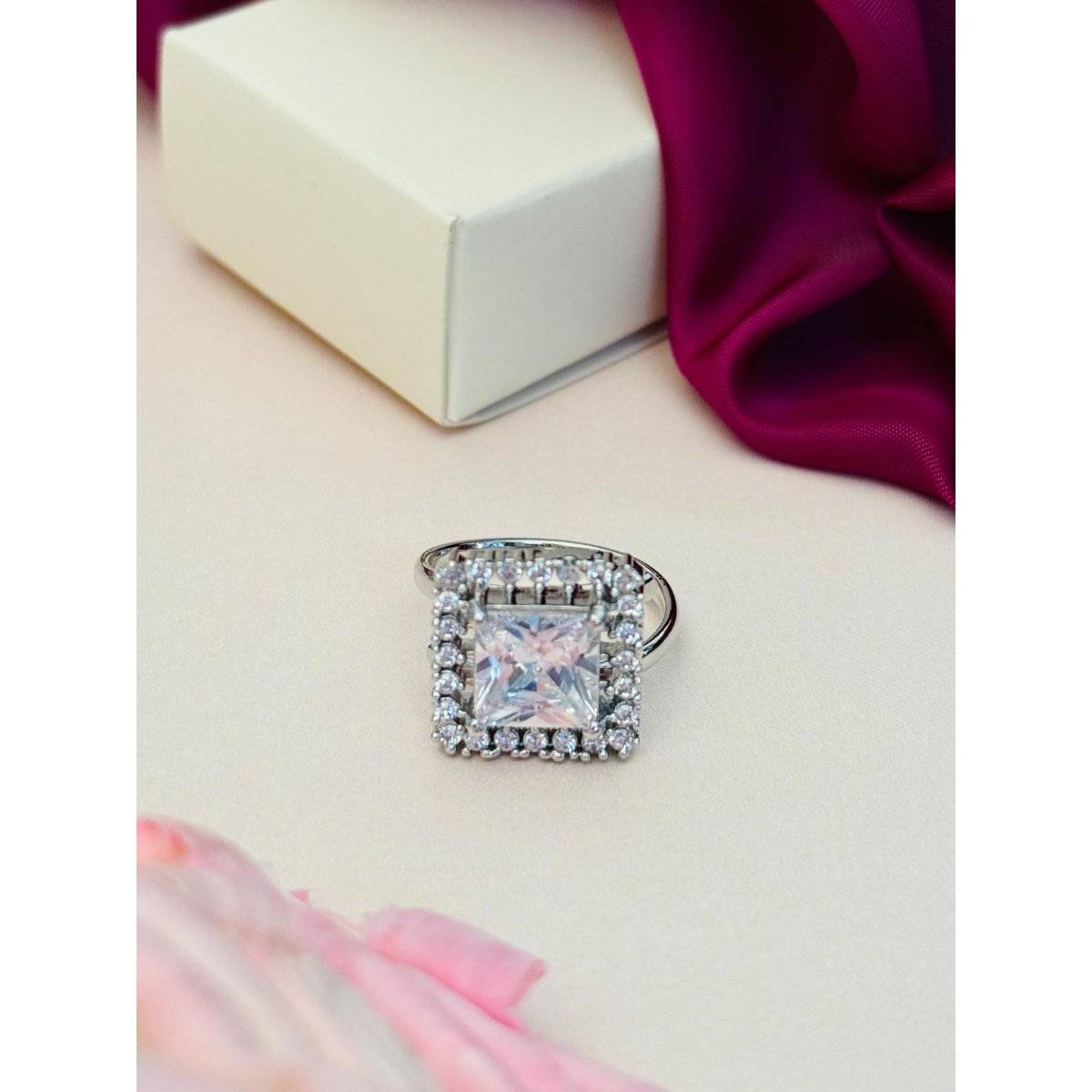 Abdesigns Exquisite Silver Plated American Diamond Ring - White