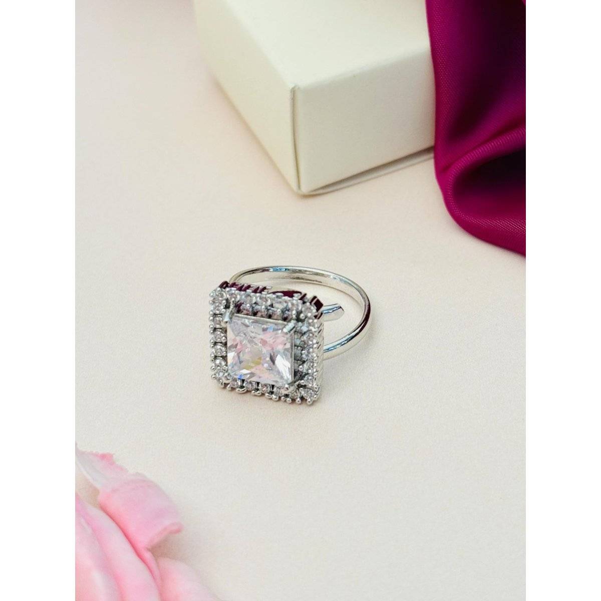 Abdesigns Exquisite Silver Plated American Diamond Ring - White