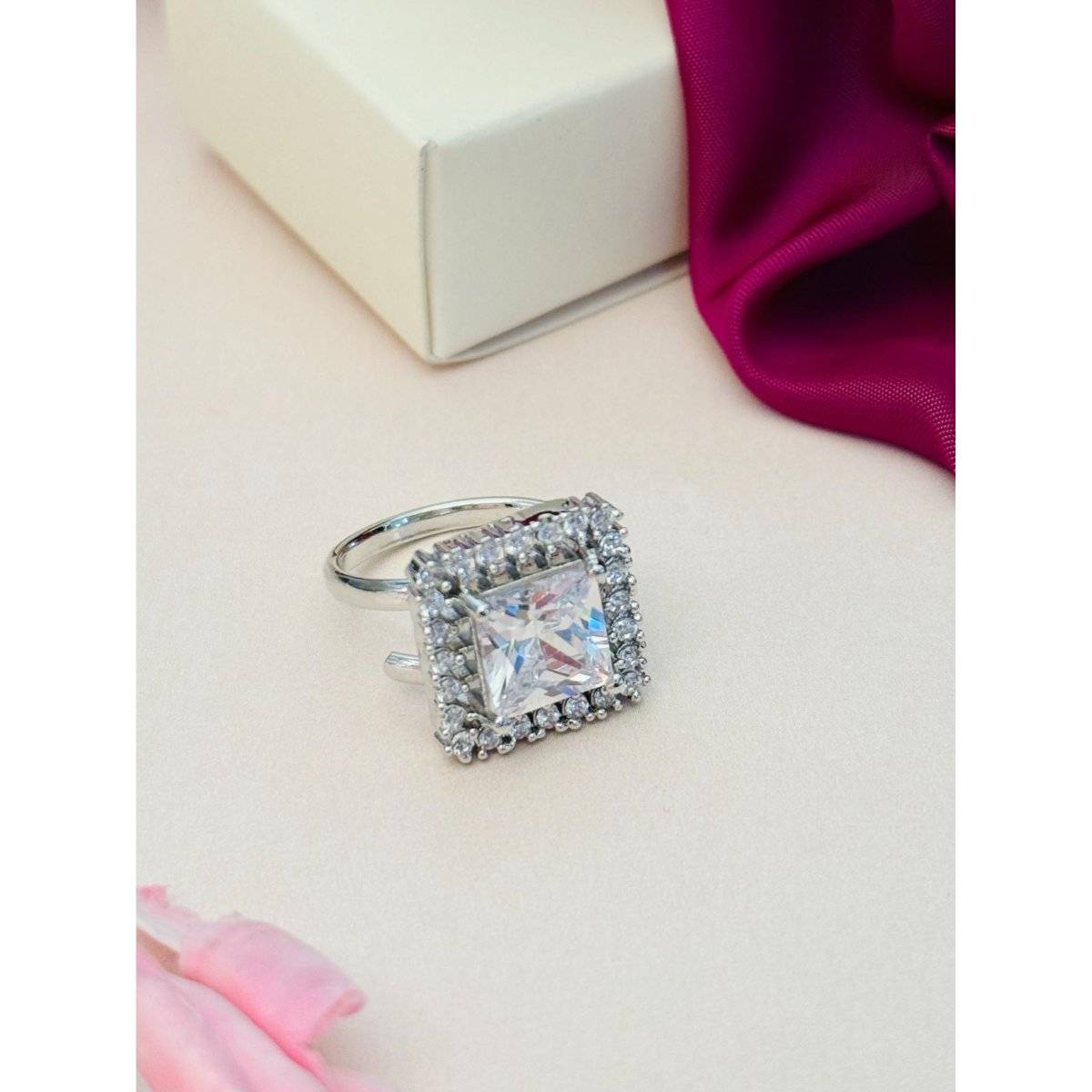 Abdesigns Exquisite Silver Plated American Diamond Ring - White
