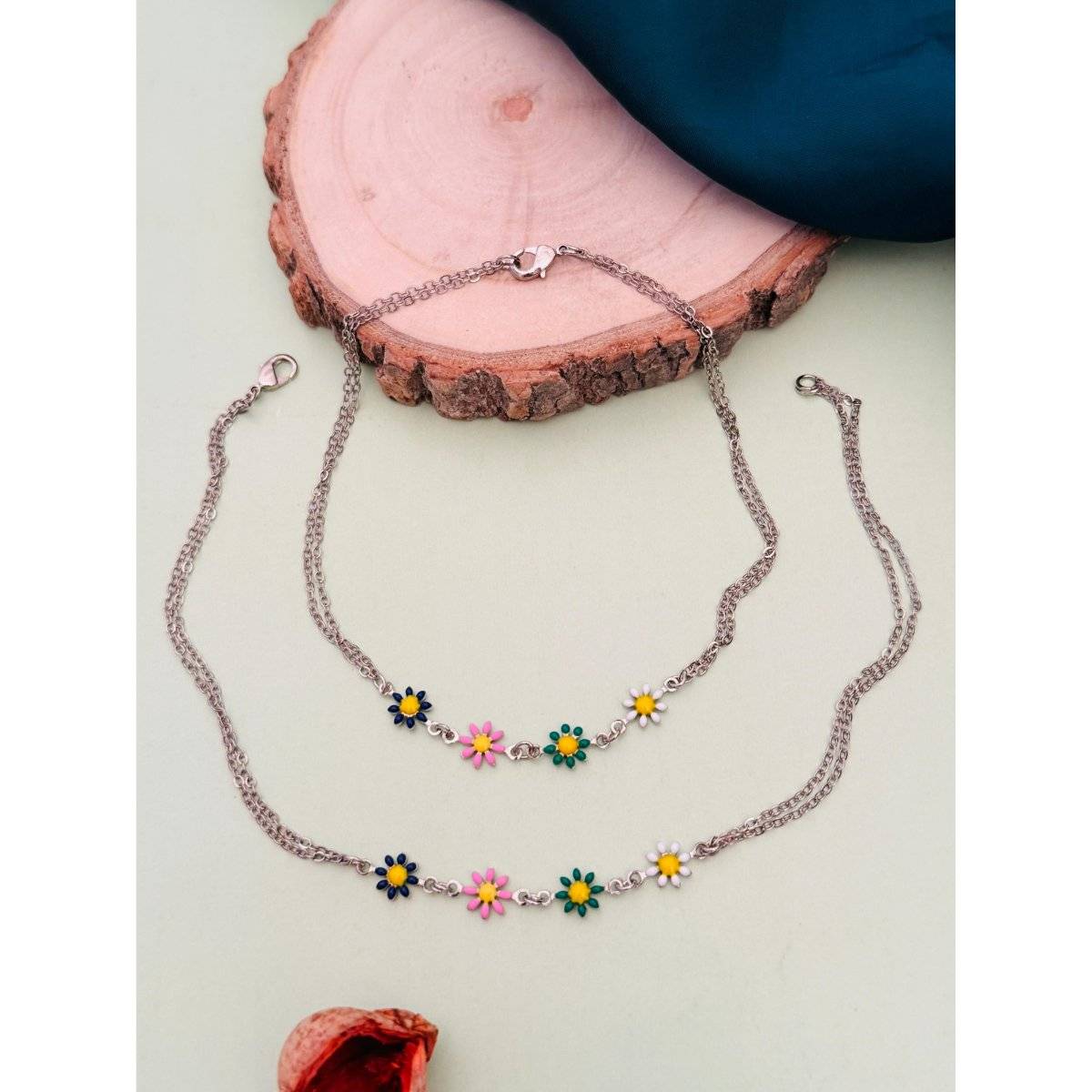 Abdesigns Silver Plated Floral Anklet - Multi-Color
