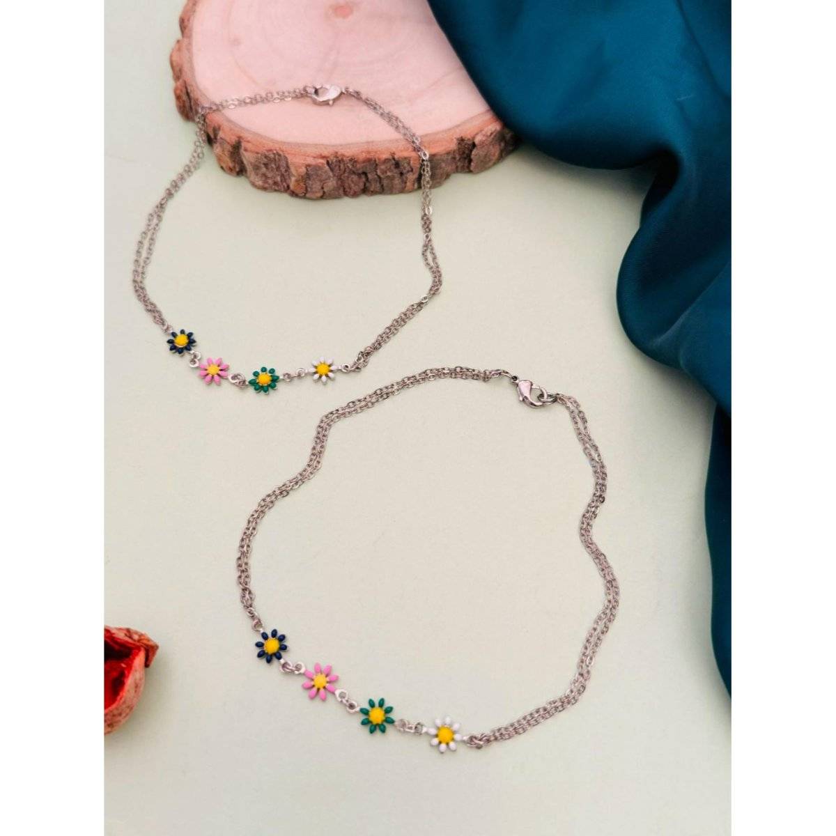 Abdesigns Silver Plated Floral Anklet - Multi-Color