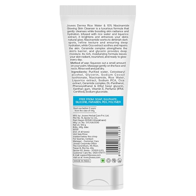 JOVEES HERBAL Jovees Derma Rice Face Wash With Rice Water & Niacinamide For Glass Skin,Brightens,Helps Fade Blemishes & Even Tone,Softens & Smoothens Skin,Gentl